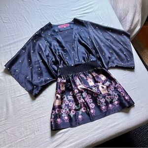 Manoush blue silk floral house print kimono sleeve blouse